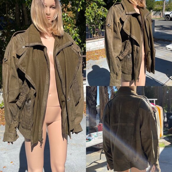 One Way Genuine Leather Wool Army Green Coat Jacket Lapel Zipper - Picture 1 of 1